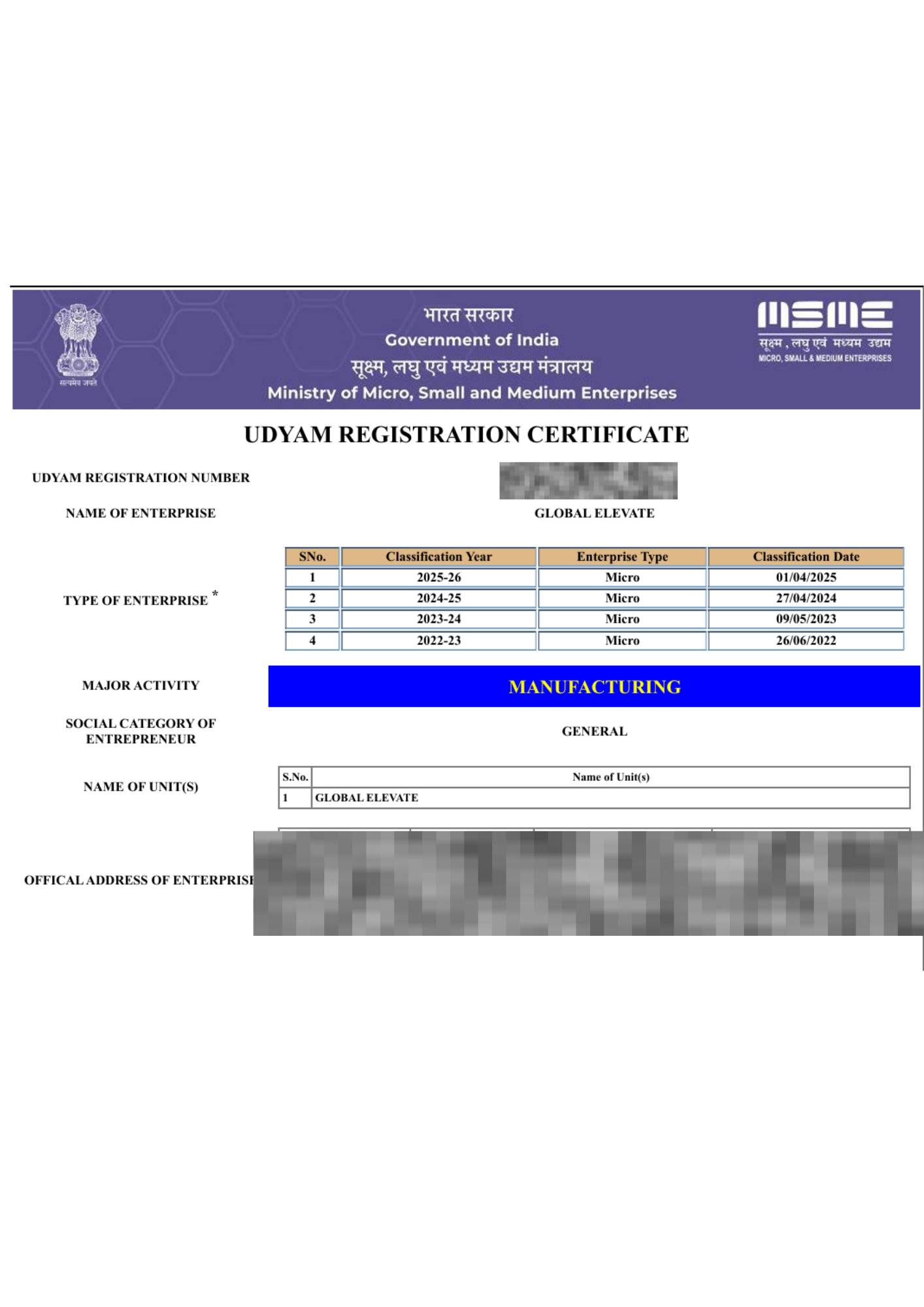 Udyam Registration Certificate - MSME registration for GLOBAL ELEVATE under Manufacturing category