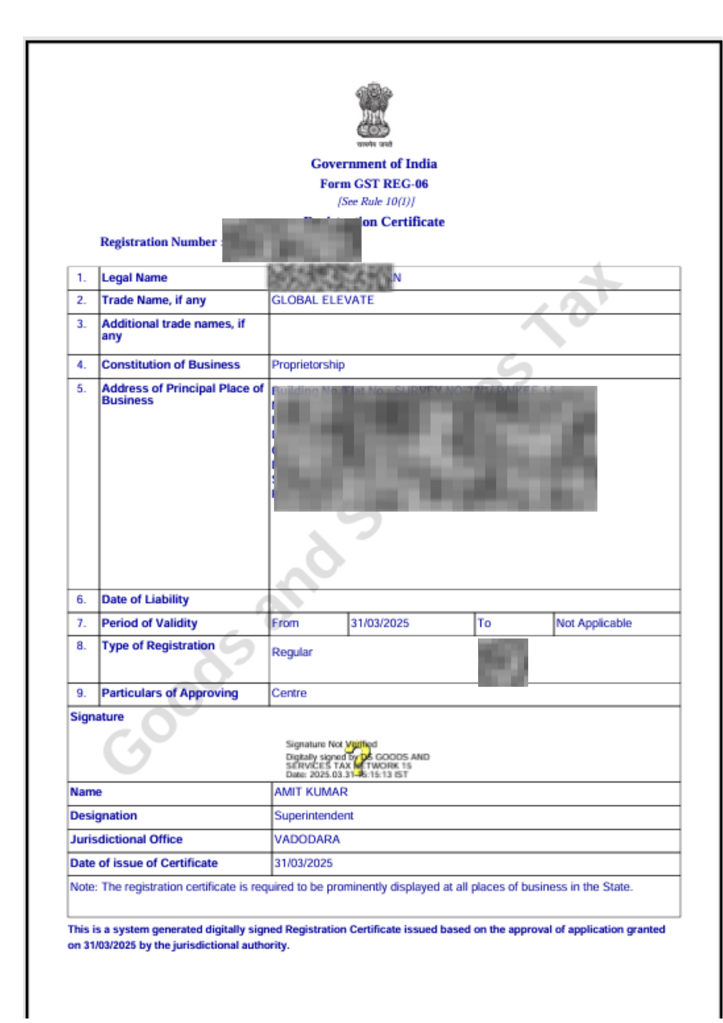 GST Registration Certificate - Goods and Services Tax registration for GLOBAL ELEVATE in Gujarat